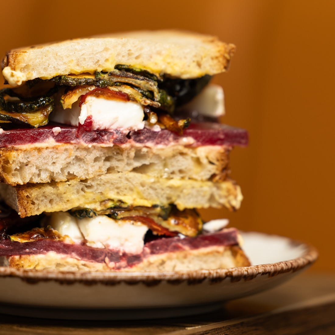 Stacked salt beef sandwich